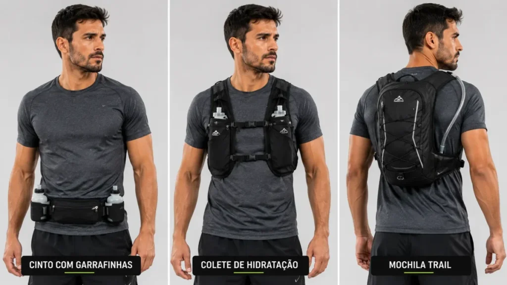tipos de sistema de hidratação para corrida — cinto, colete e mochila comparados