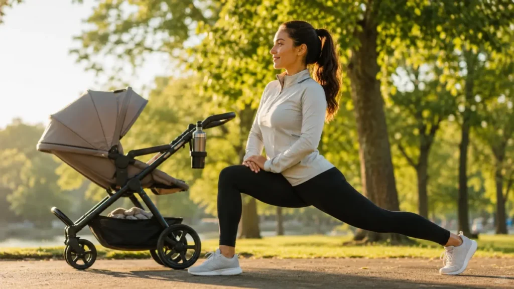 corrida pós-parto — mãe se preparando para retomar treinos após o parto