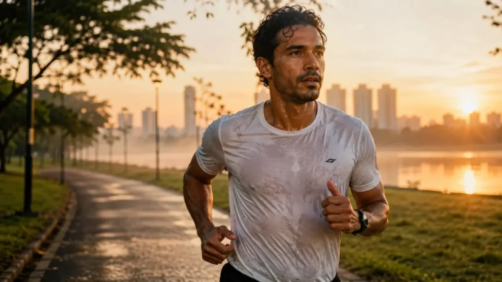 como correr no calor com segurança — corredor em parque urbano brasileiro em dia quente