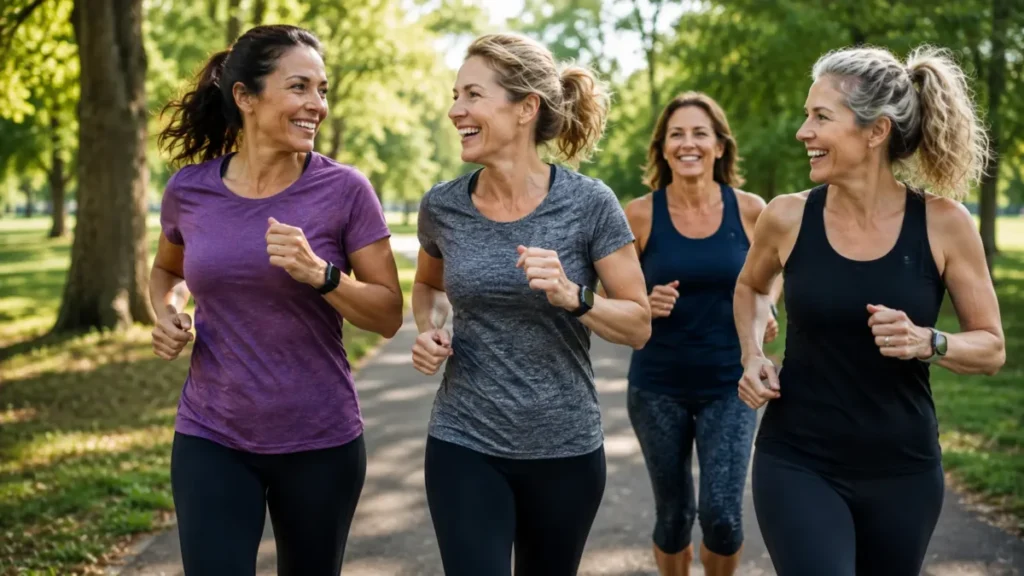 corrida menopausa emagrecer — grupo de corredoras masters em treino de base aeróbica