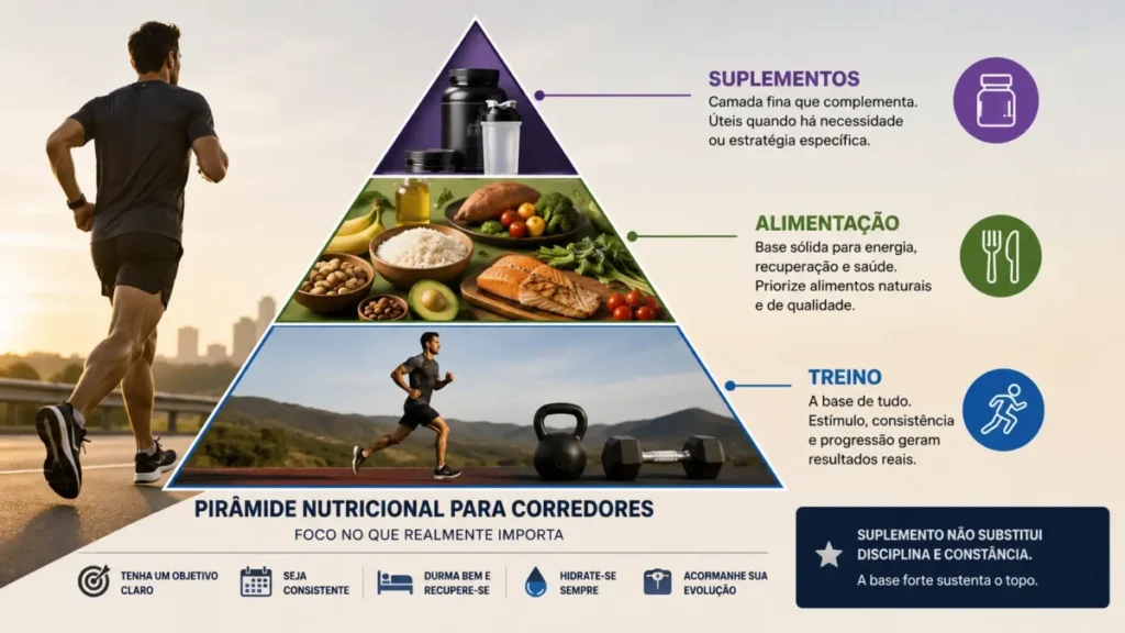 whey corrida e suplementação — pirâmide de prioridades para corredores com suplementos no topo
