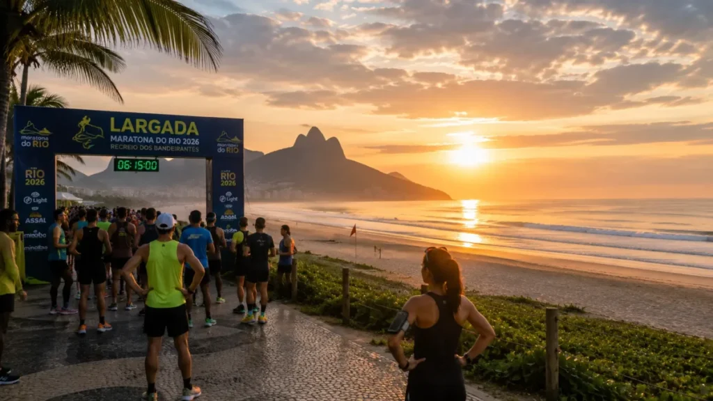 largada maratona rio leblon — Praia da Reserva no Recreio antes da largada do 42km da Maratona do Rio 2026