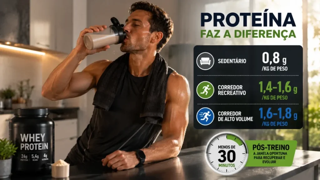 proteína após o treino corrida — whey protein na janela de 30 minutos para recuperação muscular