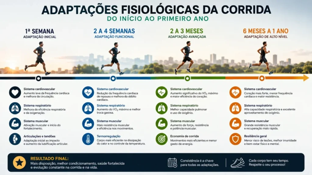 o que a corrida faz pelo corpo ao longo do tempo — adaptações fisiológicas por período