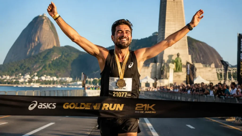 Asics Golden Run RJ 2026 — chegada da meia maratona no Aterro do Flamengo com Monumento aos Pracinhas