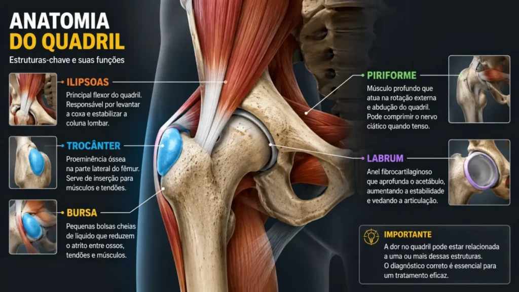dor quadril corrida causas — anatomia do quadril com principais estruturas envolvidas em lesões de corrida