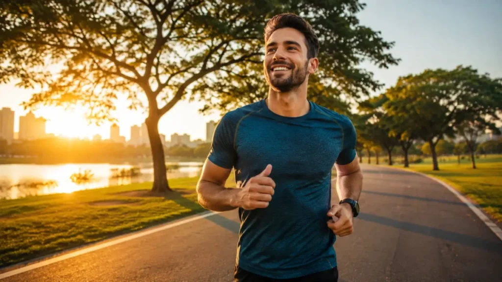 benefícios da corrida para a saúde — corredor em parque ao amanhecer com expressão de vitalidade