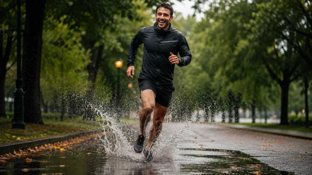 roupa corrida chuva — corredor em ação sob chuva moderada com equipamento técnico adequado