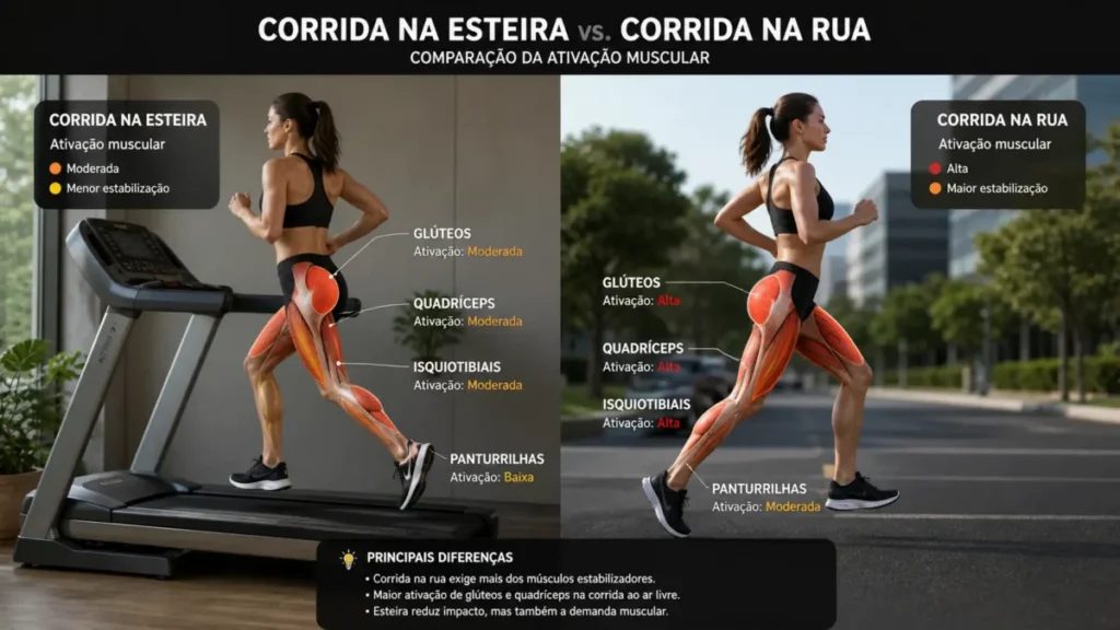 biomecânica corrida esteira rua ativação muscular diferença