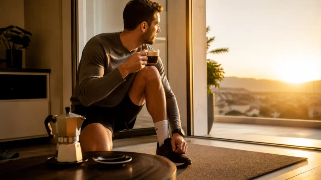 corredor tomando café antes de correr treino matinal