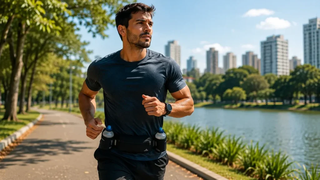 cinto de hidratação para corrida — corredor usando cinto porta garrafa em treino longo
