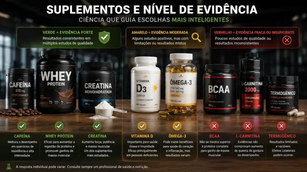 vitaminas para corredores — suplementos com evidência versus sem evidência organizados por nível