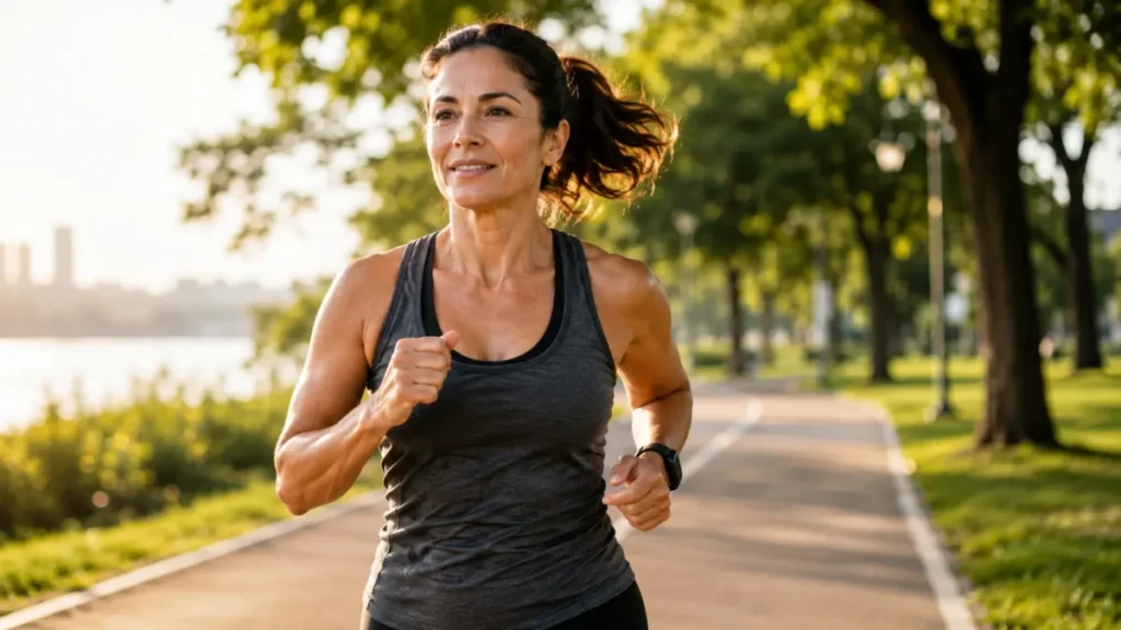 corrida para emagrecer depois dos 40 — corredora masters em treino ao ar livre