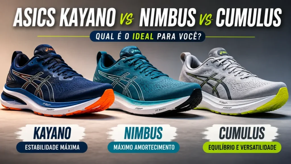 melhores tênis Asics corrida Golden Run 2026 — Gel-Kayano 32, Gel-Nimbus 27 e Gel-Cumulus 28