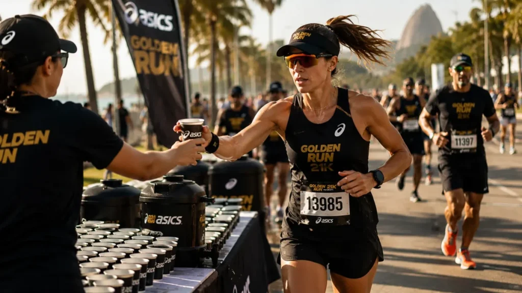 treino para golden run — corredora em posto de hidratação durante os 21km da Asics Golden Run