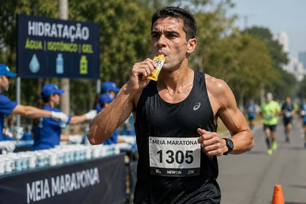 nutrição meia maratona — estratégia de gel e hidratação durante os 21km