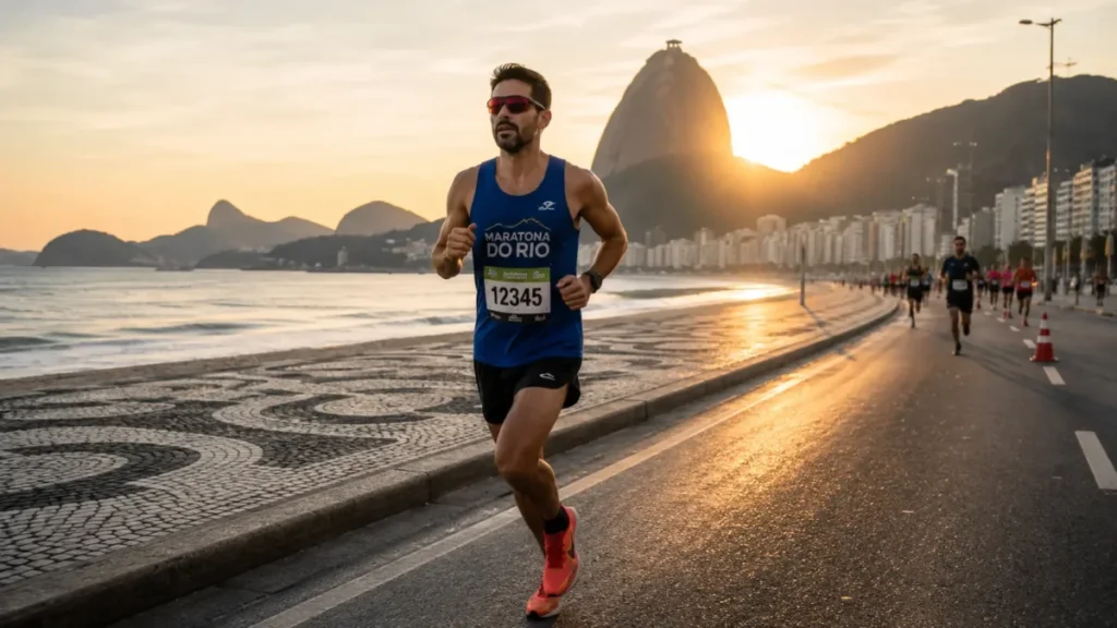 Maratona do Rio 2026 — corredor na orla de Copacabana durante o maior festival de corridas do Brasil