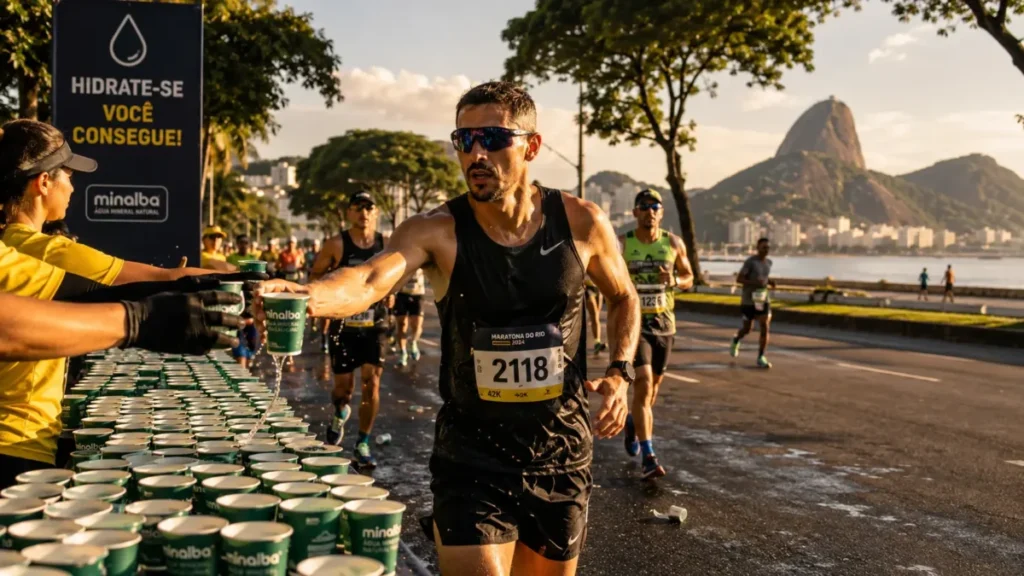 pontos de apoio maratona rio — posto de hidratação no Aterro do Flamengo durante a Maratona do Rio 2026