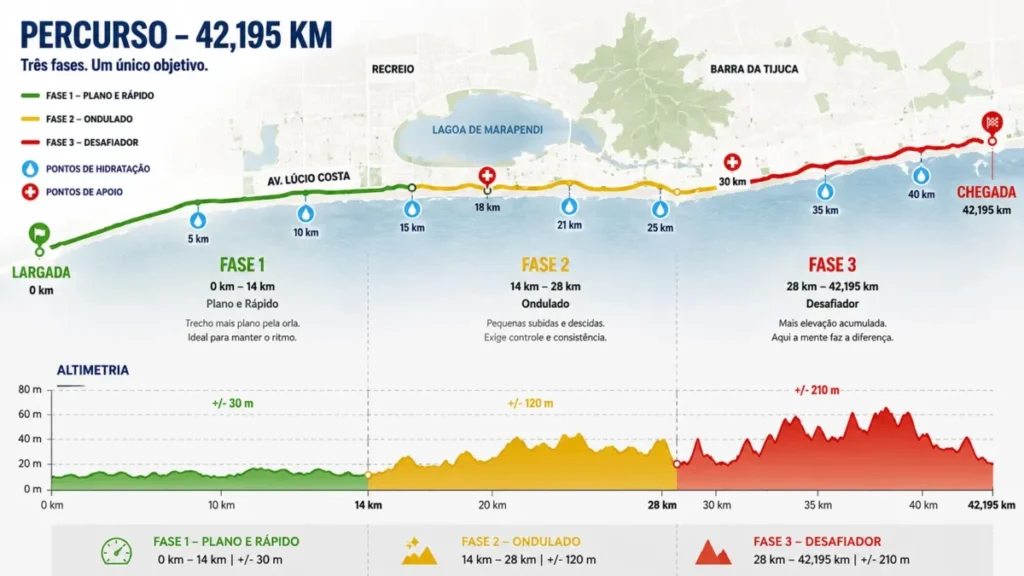 mapa Rio 21K percurso — Recreio Barra Leblon Niemeyer São Conrado com altimetria