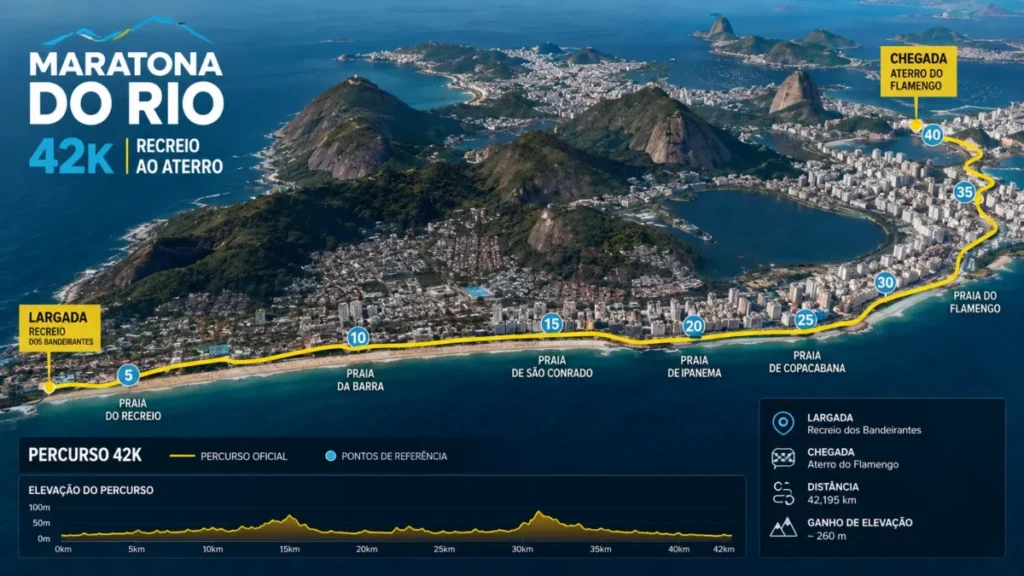 percurso maratona do rio 2026 — trajeto da Praia da Reserva ao Aterro do Flamengo pela orla carioca