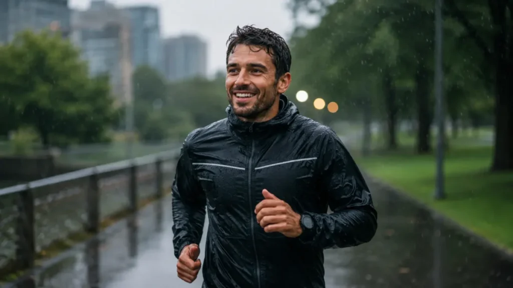 corrida na chuva dicas — corredor treinando na chuva com equipamento adequado e postura confiante