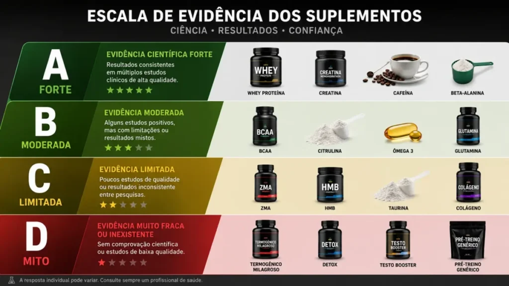 suplemento para corrida — escala de evidência científica por categoria de suplemento