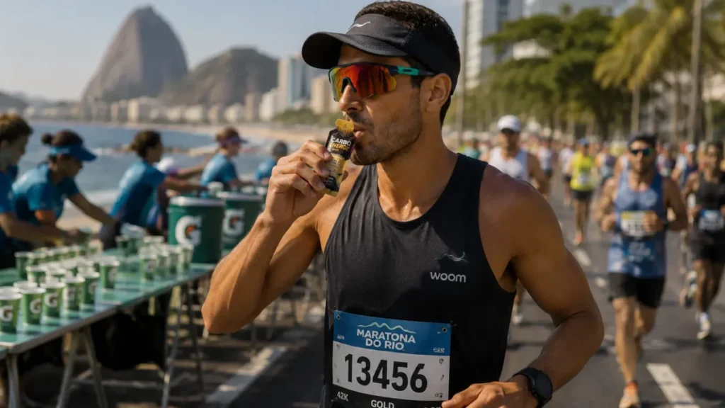 gel de carboidrato maratona — corredor tomando gel antes do posto de hidratação durante o 42km