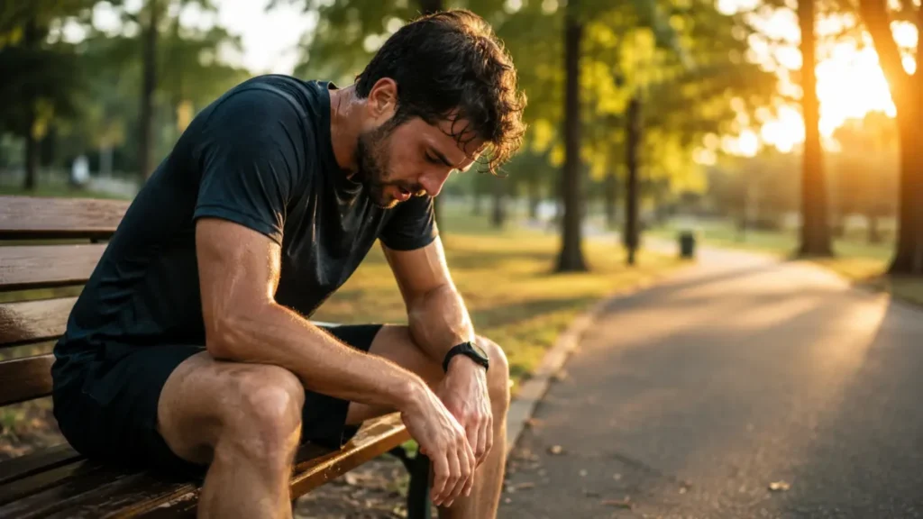 overtraining na corrida — corredor com sinais de fadiga crônica e excesso de treino