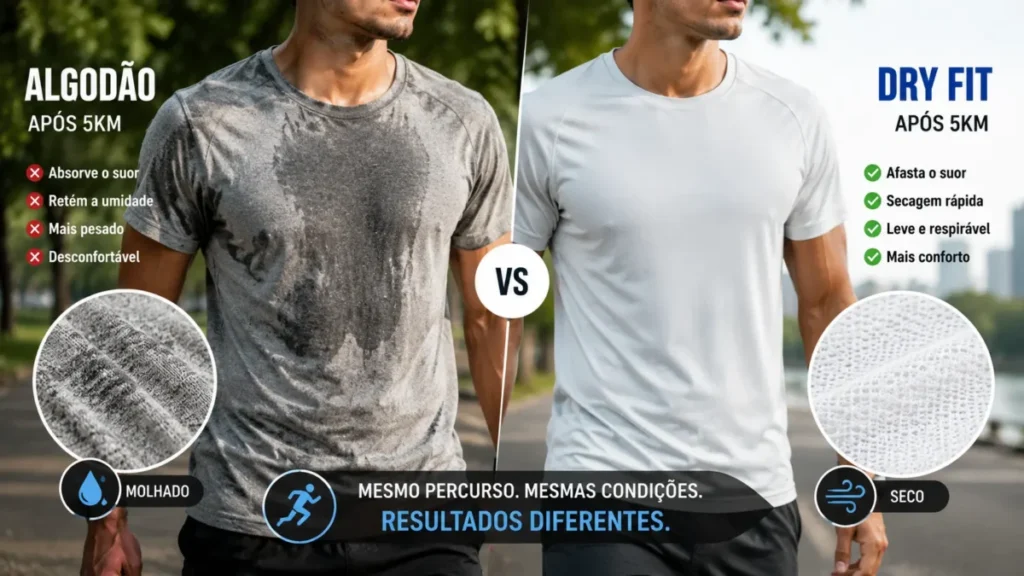 tecido dry fit corrida versus algodão — diferença no gerenciamento de umidade no calor