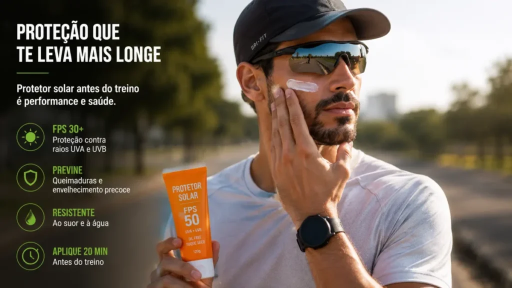 proteção solar corrida no calor Brasil — boné técnico e filtro solar FPS 50+
