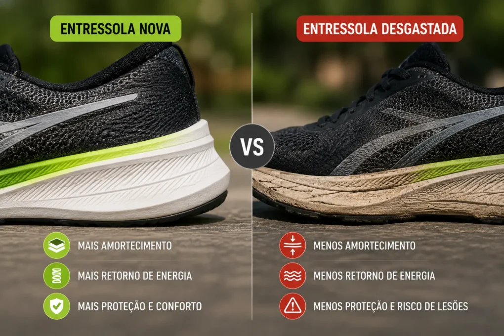tênis velho de corrida desgaste da entressola