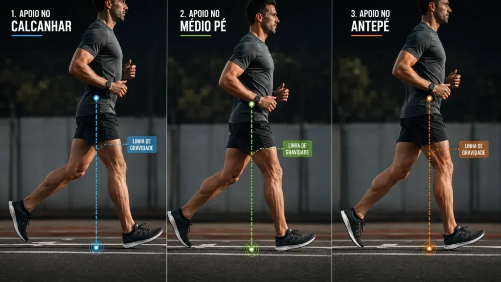 apoio do pé corrida heel strike midfoot strike comparativo